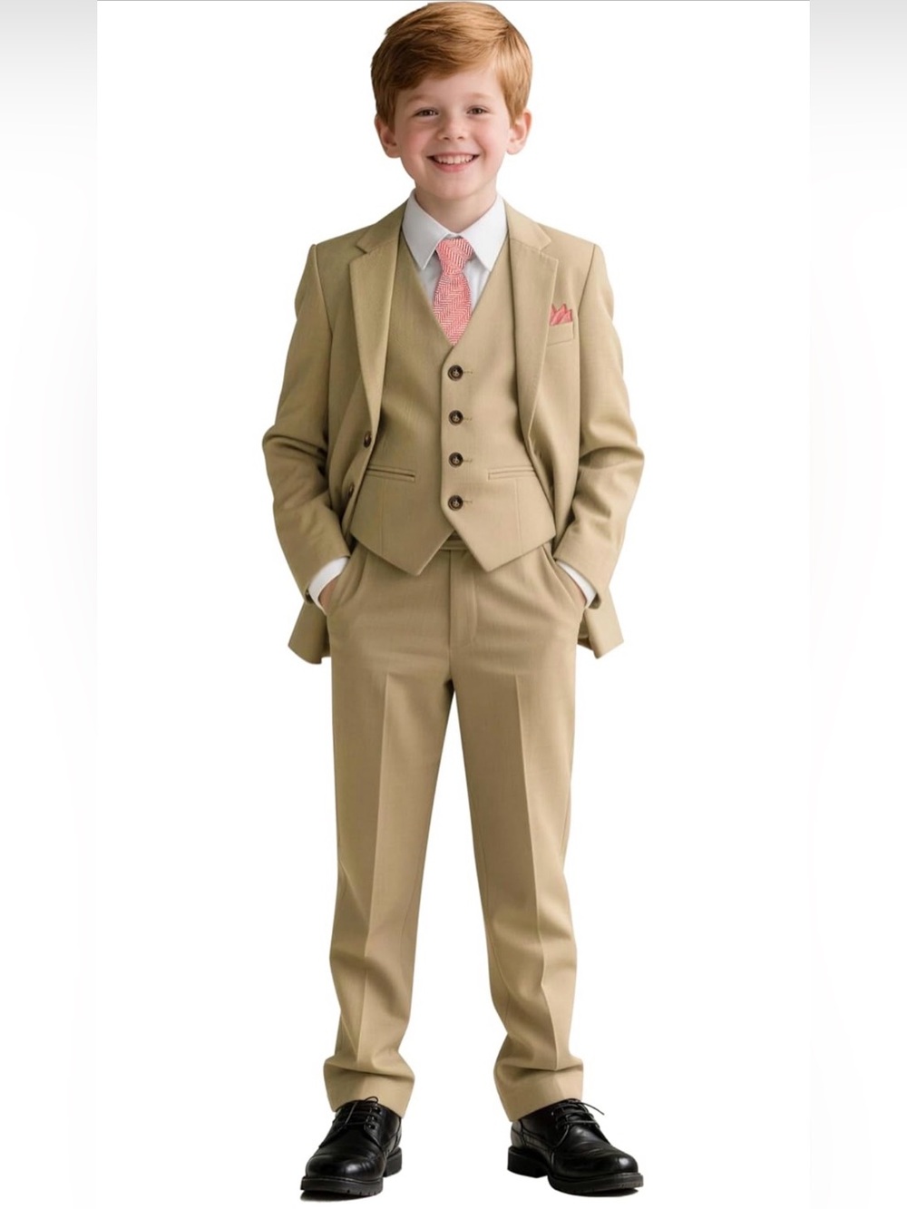 Boys Formal Suit Set with Adjustable Waist - Size 7 - Khaki - 7 Piece Set